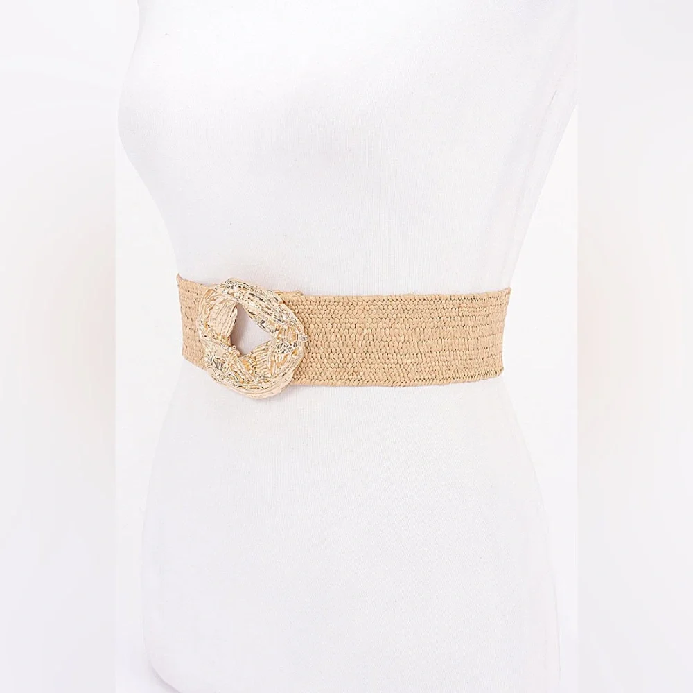 Gold & Tan Woven Straw Statement Belt